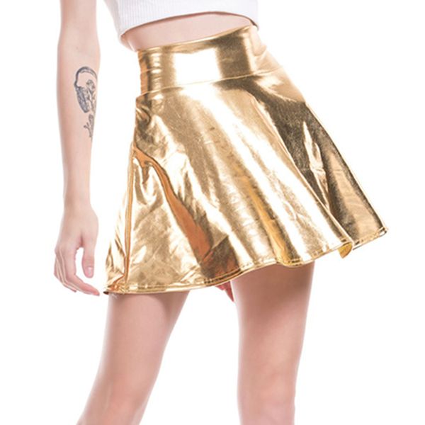 

womens leather fashion wet look skater flared short pleated mini skirt s-xl, Black