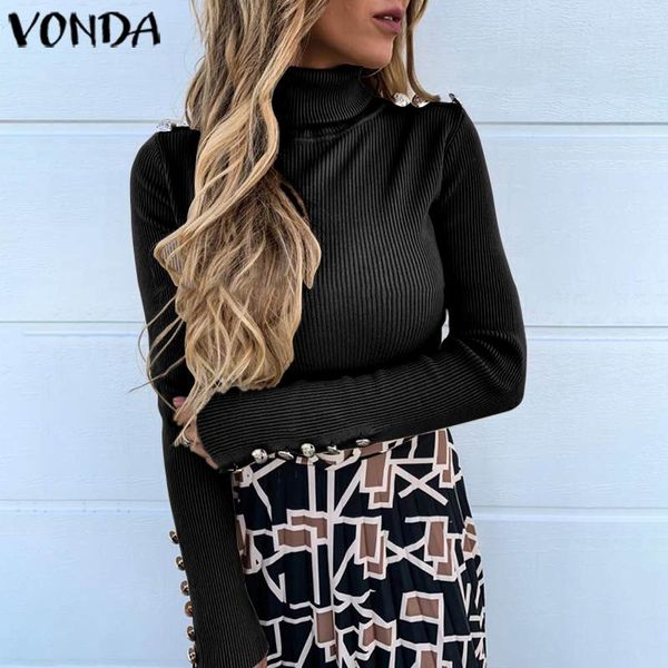 

vonda women sweaters casual fit slim long sleeve turtleneck knitted blouse 2020 winter autumn knitwear pullovers plus size, White;black
