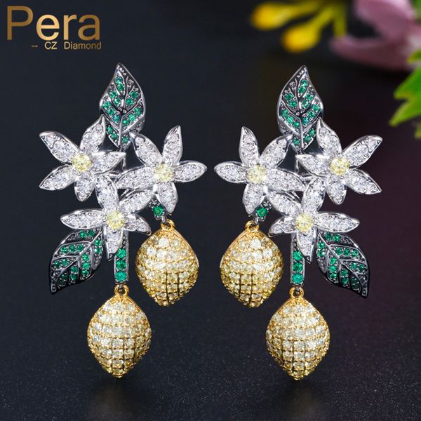 

pera temperament full cz stone black gold dangling leaf flower drop earrings for women wedding party accessories er430, Silver