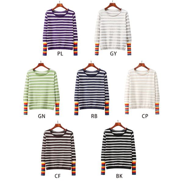 

women autumn long sleeve crew neck knit sweater casual stripes printed rib trim rainbow cuffs casual pullover basic jumper, White;black