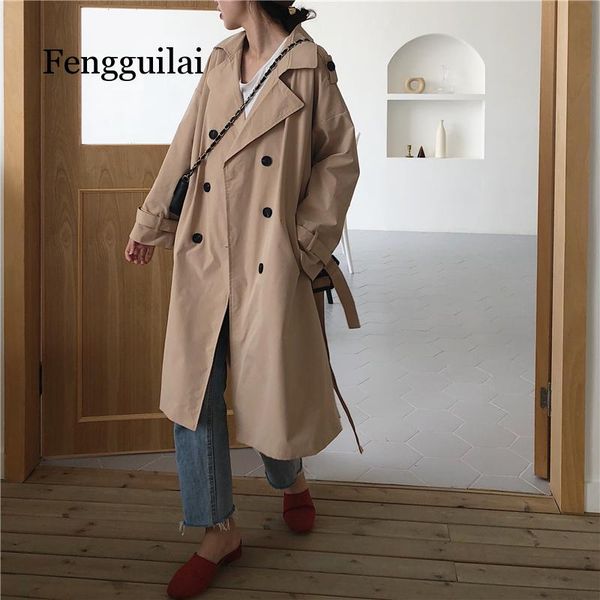 

2019 spring korean edition loose lapel double-breasted windbreaker jacket female retro temperament medium coat cardigan, Tan;black