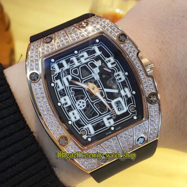

high version rm 67-01ti skeleton dial japan miyota automatic mechanical mens watch rm67-01 rose gold diamond case rubber strap sport watches, Slivery;brown