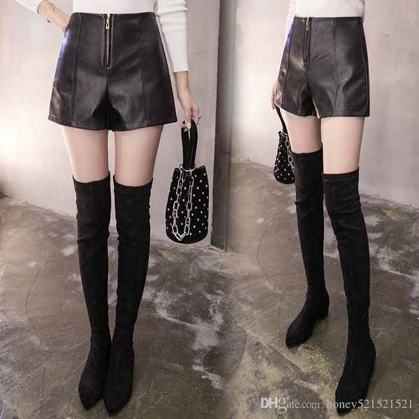 

new design fashion women's high waist pu leather a-line wide leg zipper shorts boot cut shorts plus size smlxlxxl