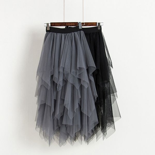 

tulle skirts women high waist mesh skirt hem asymmetrical pleated midi skirt female slim black casual new summer skirts