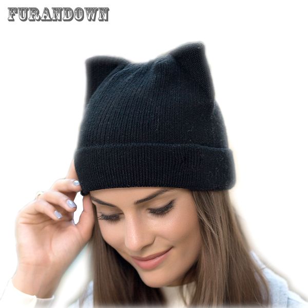 

2018 new winter cat ears hat women knitted wool beanie hats for girls cute beanies caps with ear flaps