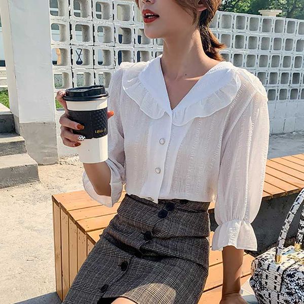 

половина flare рукавом новые оборками кнопка шифоновая блузка 2020 летняя рубашка женская корейская модная одежда женские топы chemisier fem, White