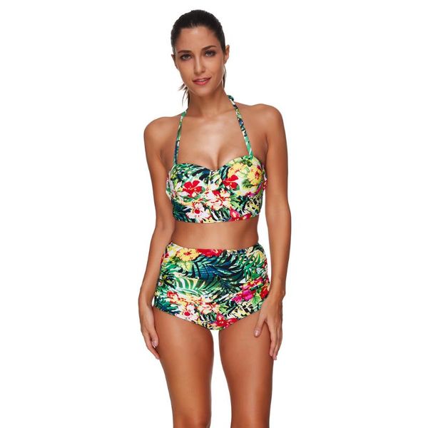 

muqgew 2019 swimsuit women two piece swimsuit leaf print swimwear strap bikini push up padded beach wear#0520