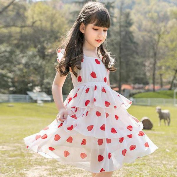 

korean style new arrival girls kids children chiffon heart love printed cake dress multi-layer cupcake dress summer breathable, Red;yellow