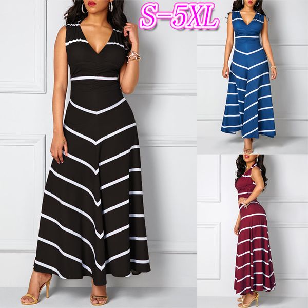 

женское дизайнерское платье v-образным вырезом с высокой талией полосатый принт тонкий макси с большими качелями и платьем без рукавов, Black;gray