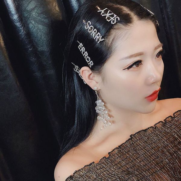 

1pc 2019 new arrival english letter crystal hairpin unique graceful seaside hair clip, Black;brown