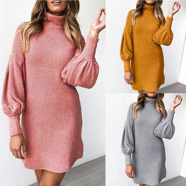 

autumn winter high neck round neck long-sleeved bag hip solid color women dress, Black;gray