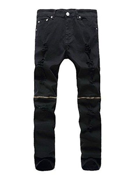 

lamcord men's slim fit zipper ripped holes destroyed skinny jeans, Blue