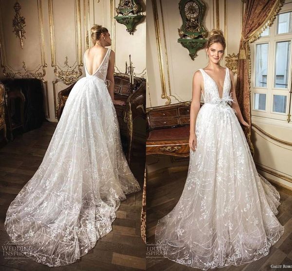 

2019 deep v neck wedding dresses lace feather sequins backless plus size bridal gowns vestidos de noiva, White