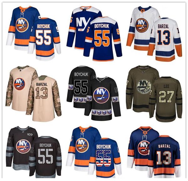 

custom 13 mathew barzal 55 johnny boychuk 6 ryan pulock 15 cal clutterbuck 53 casey cizikas 27 anders leeusa flag hockey jerseys, Black;red
