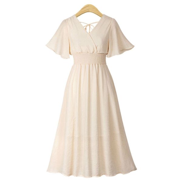 

alabifu 2020 new summer vestidos plus size short sleeve women chiffon dress white black pink apricot backless v-neck midi dress, Black;gray