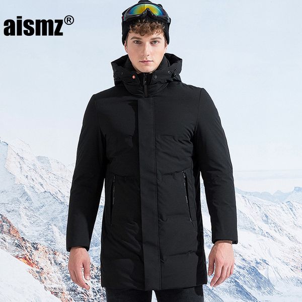 

aismz men's russia canada winter 90% white duck long down jacket hat detachable hooded windproof waterproof coat men overcoat, Black