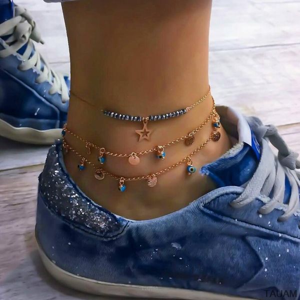 

3pc/set bohemian blue turkish eyes anklets for women gold color beads summer ocean beach ankle bracelet foot leg jewelry 2019, Red;blue