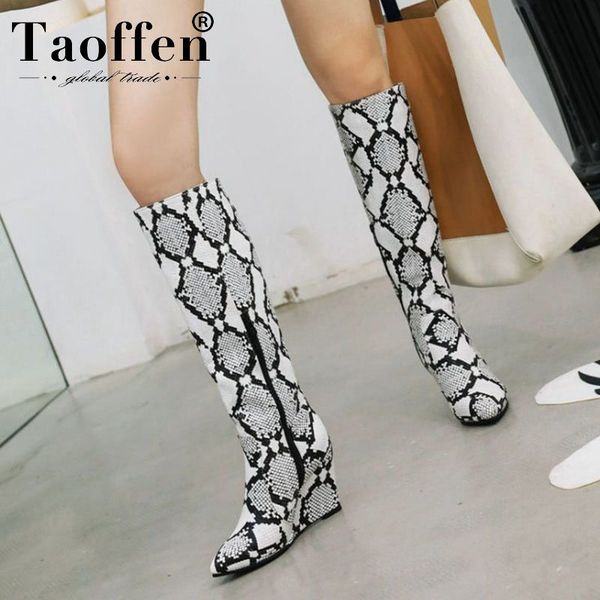 

taoffen snakeskin pattern women winter knee high boots wedges zipper woman warm shoes footwear size 34-43, Black