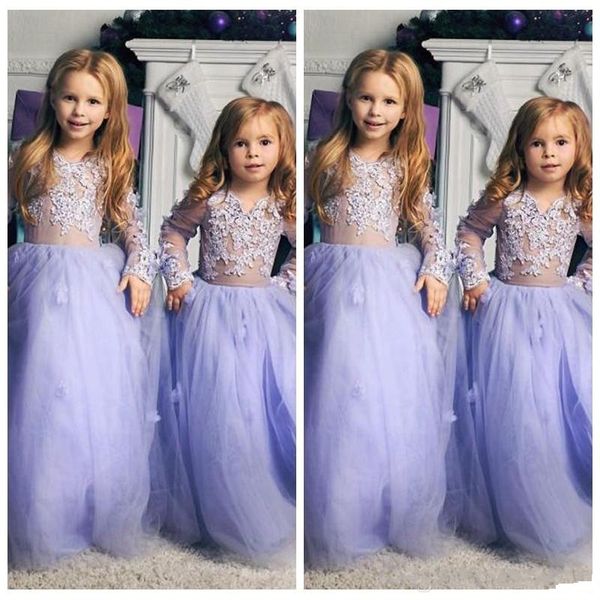 Günstige Lavendel Sheer Long Sleeves A-Line Mädchen Pageant Kleider Tüll Bodenlangen Formale Kinder Abendkleid Party Kleider Vestidos De Soiree