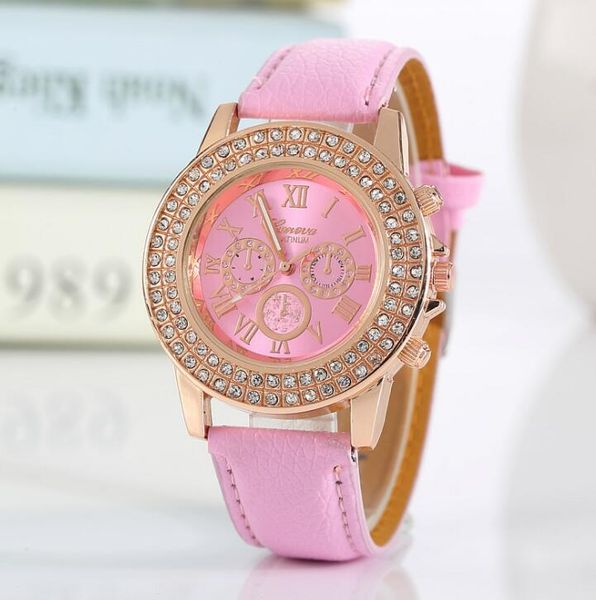 

watches diamond geneva roman numerals wristwatch faux band fashion leather men double crystal business quartz watch clock, Slivery;brown