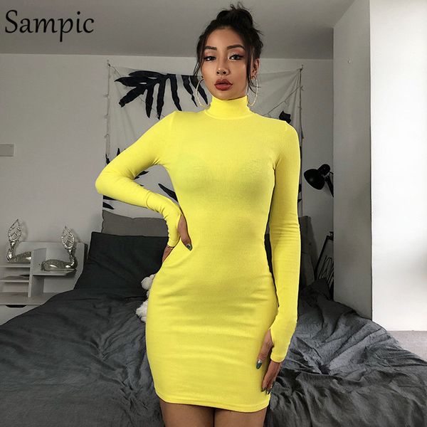 

sampic bodycon autumn dress women long sleeve turtleneck casual dress black neon yellow ladies mini, Black;gray
