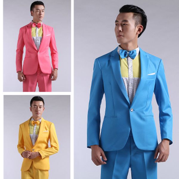 

2016 new long-sleeved men's suits dress hosted theatrical tuxedos for men wedding prom red yellow blue and green m  suit men, White;black