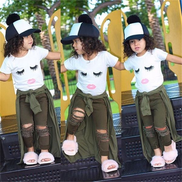 

summer newborn baby girl kids clothes set eyelashes t-shirt+army pants leggings outfits 2 pcs kids designer clothes girls jy316, White