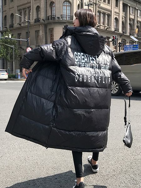 

2019 winter glossy down parka women's back letter printed x-long jacket large size loose winter warm thick parkas women jacket, Black
