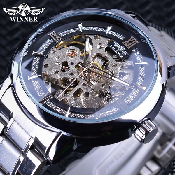 

победитель retra серебро из нержавеющей стали 2019 люминесцентные стрелки мужские механические автоматические часы топ ажурные мужские часы, Slivery;brown