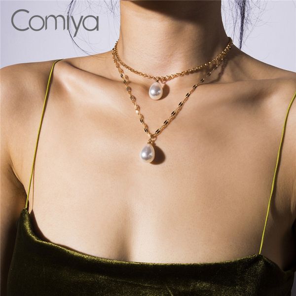 

comiya fashion necklace for women gold color double layers acrylic pearls pendant ling links chain collare korean necklaces, Silver