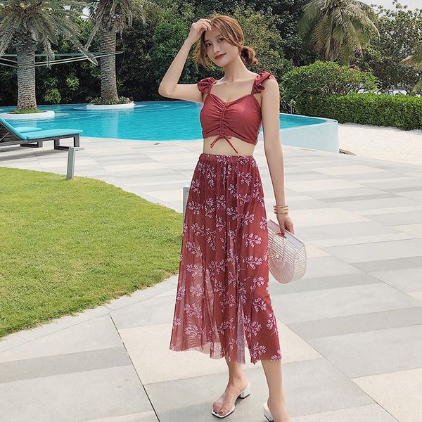 

split three-piece bikini swimsuit blouse long skirt conservative flounder bikini swimsuit, White;black