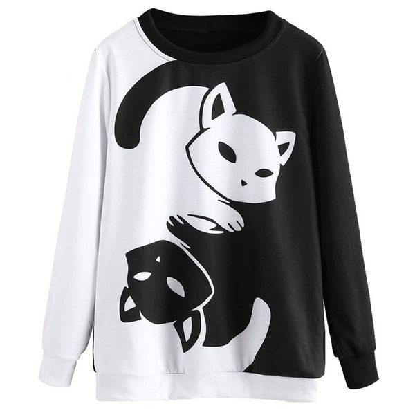 

women spring fashion hoodies pullover sweatshirt cat hoodies black white color patchwork sweatshirt harajuku female jumper fit