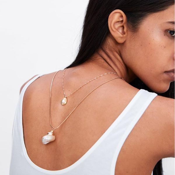 

double layer gold chains choker necklace women faux pearl conch pendants jewelry femme boho ethnic statement vintage necklace, Golden;silver