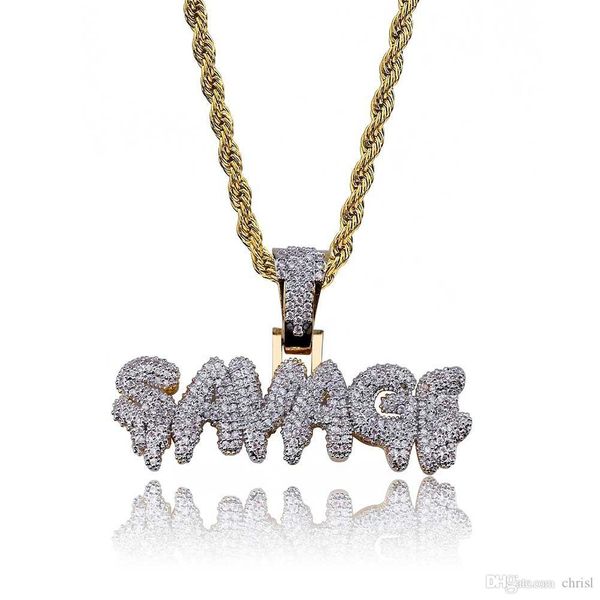 

hip hop iced out full cz stone gold color plated savage pendant necklace