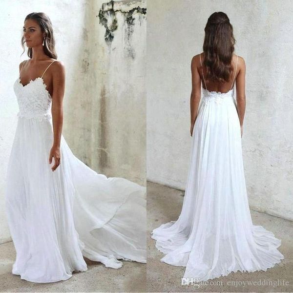 

charming chiffon wedding dresses a line lace bridal dresses v neck spaghetti strap applique bridal gowns vestidos de novia custom, White