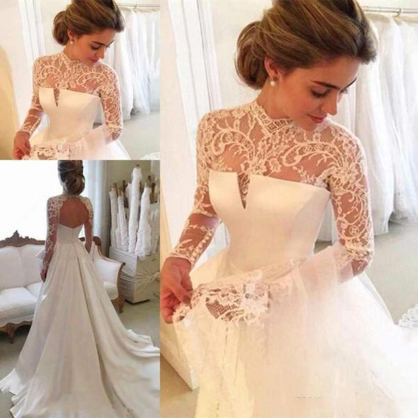 

saudi arabia high neck wedding dresses a line summer country open back bridal gowns elegant satin sweep train long sleeves size 16 vintage, White