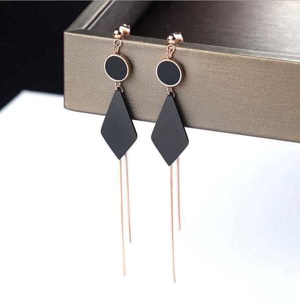 

round bead, round cake, diamond shape, two tassels, long earrings, titanium steel, studs, rose gold, Golden;silver