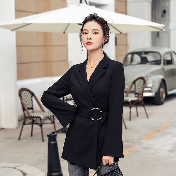 

chic solid black женщины blazer 2020 весна однобортный офис дамы пояса костюм верхняя одежда повседневная работа женский blazer пальто, White;black