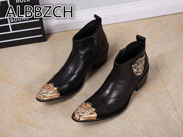 

metal men boots high heels fashion trend wedding dress shoes men's career work boots casual party shoes, Black