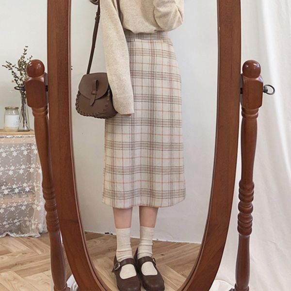 

vintage plaid women skirts autumn plus size pencil long girls skirt female vintage warm thick skirts winter femme faldas mujer, Black