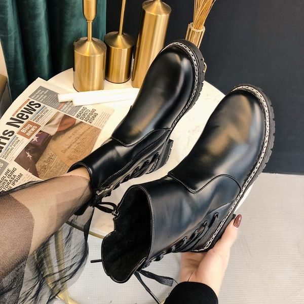 

women's mid calf boots lace up fashion womens shoes 2019 boots-women booties ladies round toe low heels booties punk mid-calf, Black