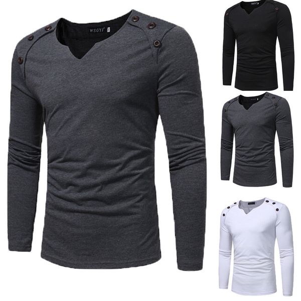 

new brand men's cotton button slim fit o neck long sleeve solid pure color muscle tee casual t-shirt, White;black