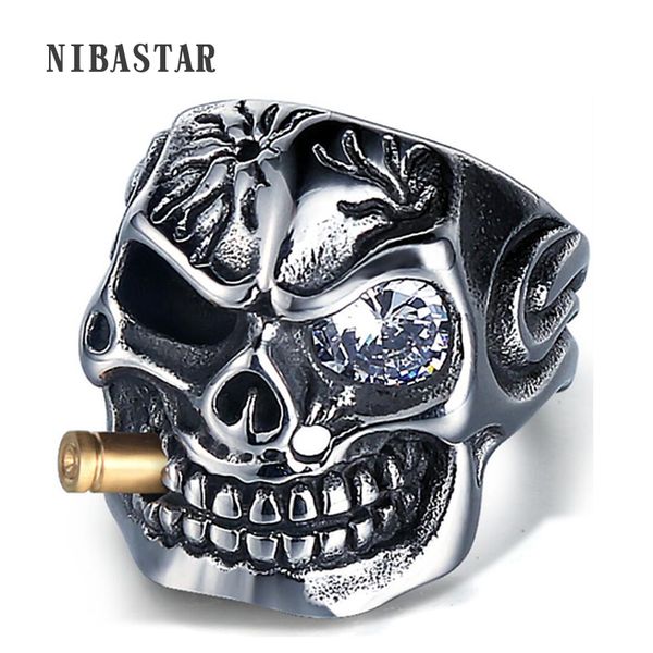 

men's skull biker pirate skeleton rings punk stainless steel with crystal male retro jewelry decorations accessor, Golden;silver