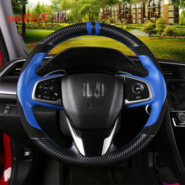 

hand sewing carbon fiber blue leather steering wheel cover for honda civic 10th crider 2019 crv