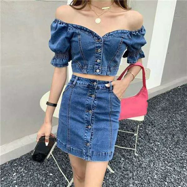 

2020 women two piece set women slash neck off the shoulder short sleeve crop and denim skirts 2 piece set outfits, White