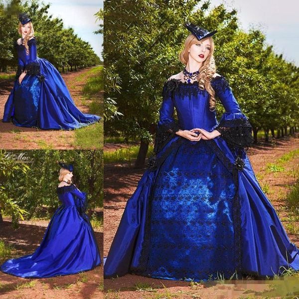 2020 New vestido de baile Royal Blue manga comprida vestido de casamento gótico preta do laço do vintage de cetim vestido de casamento Hochzeitskleider vestidos de noite