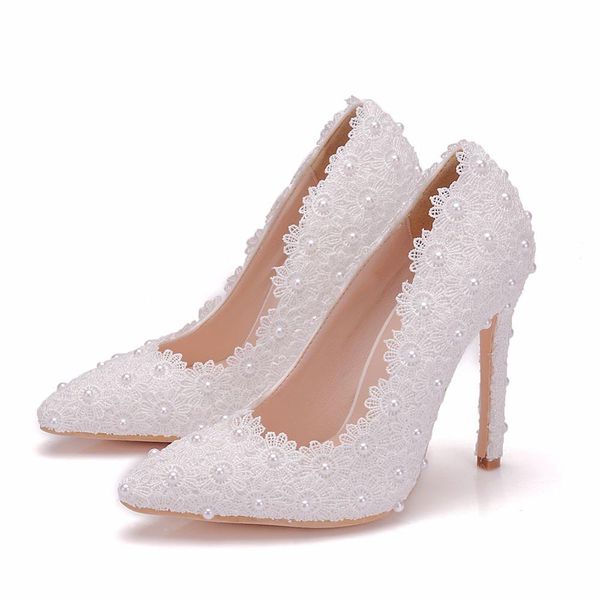 

crystal quesweet flower women pumps high heels lace platform pearls rhinestone wedding shoes bride dress shoes 11cm height, Black