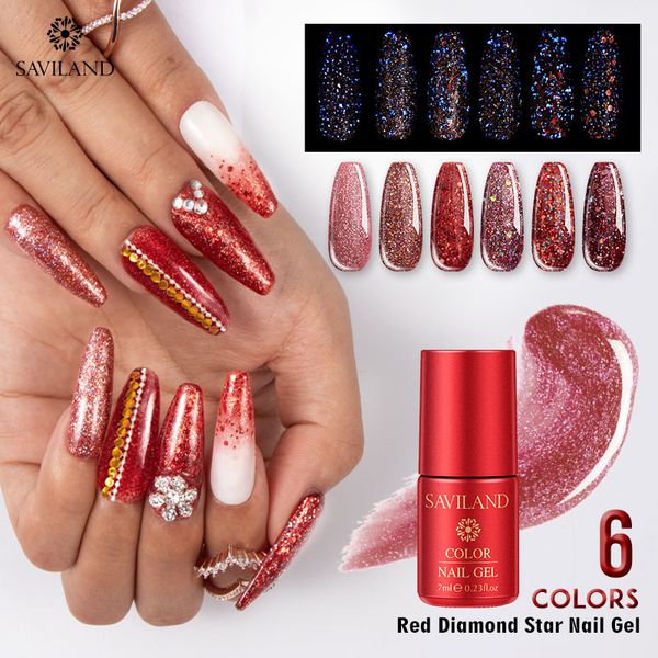 

saviland uv nail gel polish glow in the dark red diamond star gel varnish nails art luminous rose gold pink glitter gellak, Red;pink