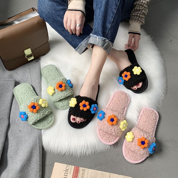 

slippers casual fur shoes flock slipers women low slides winter footwear luxury plush massage 2019 soft flat rome basic with, Black