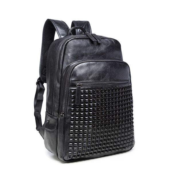 

casual men backpack rivets pu leather school bag 15.6 '' lapbackpacks large black travel man backpacks solid waterproof bag